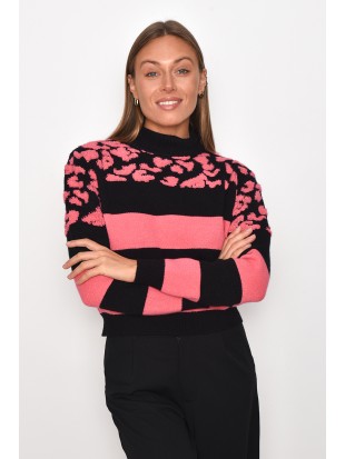 Juodos ir rožinės spalvos dryžuotas megztinis su dėmelėmis, drabužiai internetu